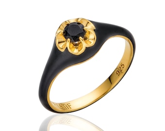 Onyx Petite Parlor Ring - 18kt Gold Vermeil with black enamel & Onyx