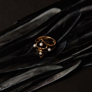 Pearl Bow Mourning Ring - 18kt Gold Vermeil with black enamel and freshwater pearls
