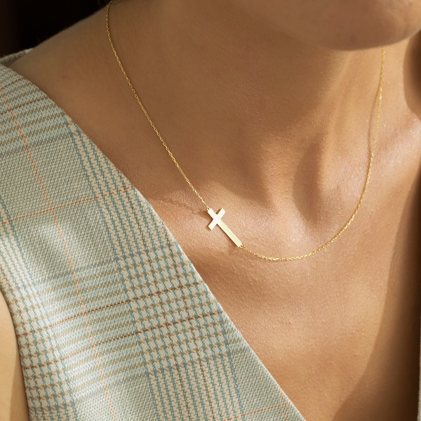 14K Tiny Gold Cross Necklace, Gold Sideway Cross Necklace | Dainty Cross Pendant, Side Cross Necklace, Tiny Cross Necklace | Gift For Her