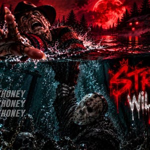 May include: A digital graphic featuring Freddy Krueger reaching out of dark water with a clawed hand, while Jason Voorhees with a hockey mask is submerged below. The text reads "STREAM WILL BRB" in red and white, with "WELCOME TO CAMP CRYSTAL LAKE" visible.