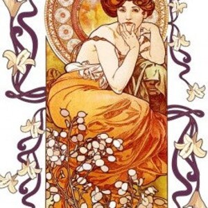 May include: A woman in an orange dress sits in a field of white flowers. The background is a decorative design with a circular pattern. The woman's hair is red and she is looking to the side.