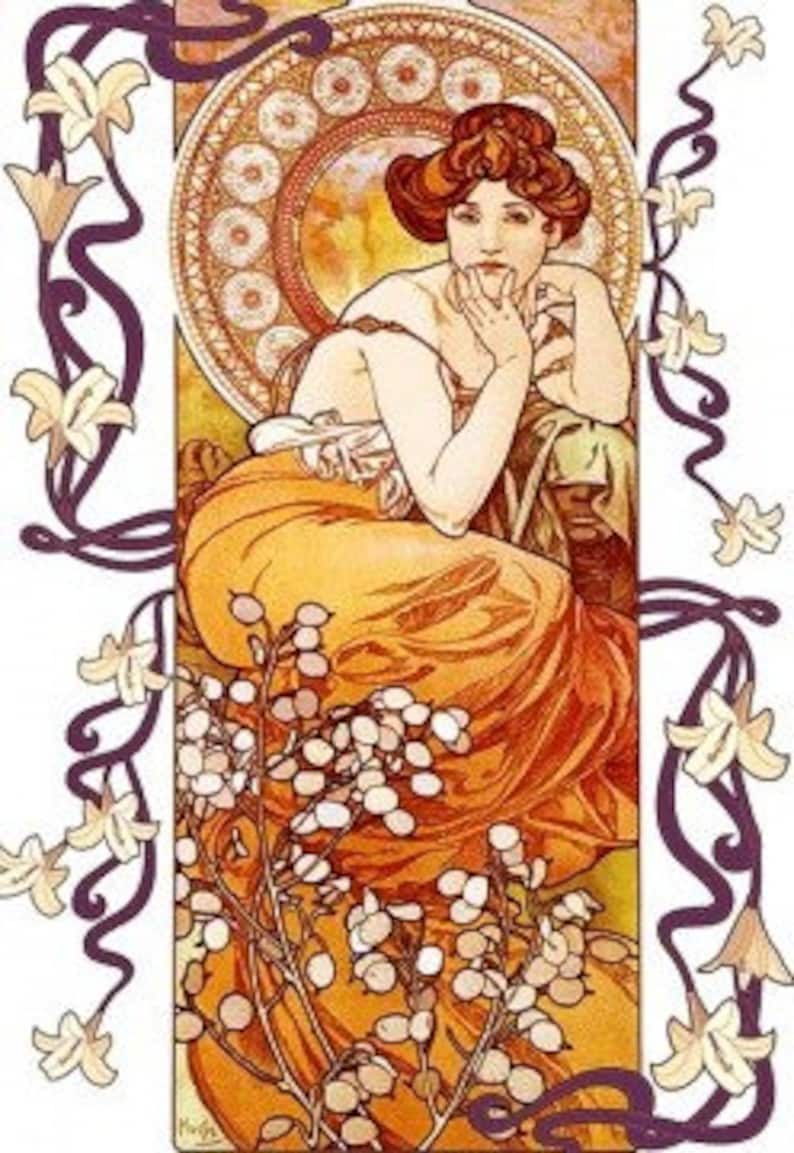 May include: A woman in an orange dress sits in a field of white flowers. The background is a decorative design with a circular pattern. The woman's hair is red and she is looking to the side.