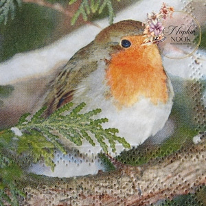 2 serviettes à cocktail de Noël Rouge-gorge en hiver, cadeau nature pour bricoleur 5 x 5 po.