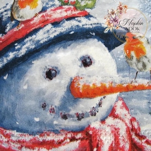 2 Cocktail Napkins For Decoupage, Snowman And Robins In Winter Craft Supply
