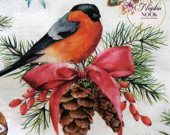 2 Decoupage Paper Napkins Robin In Winter, 6.5" x 6.5" Christmas Mixed Media Crafter's Gift