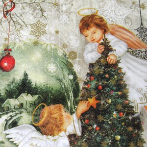 May include: Two angels with halos and wings decorate a Christmas tree with red and gold ornaments. The tree is surrounded by a snowy, wintery background.