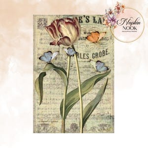 Floral Tulip Rice Paper, Butterfly Ephemera, Italian Decoupage Paper, A4