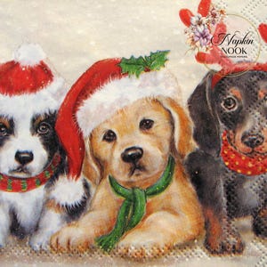 Christmas Decoration Image Decoupage Paper Napkins, Gifted DIY Craft, Napkins-Paper, Decoupage Coasters, Ephemera Decoupage, Three Puppies