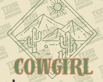 Trendy Cowgirl Desert PNG | Western Retro Style Cactus Mountains Sun Clipart | Boho Rodeo Digital Download for Sublimation