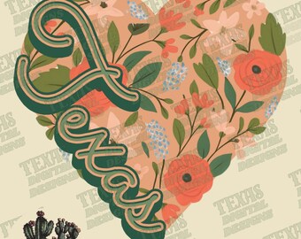Texas Floral Heart PNG – Southern State Outline Printable Art – Peach Wildflower Texas Digital Design – Trendy Western Sublimation Download