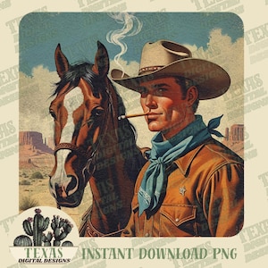 Imprimible de vaquero vintage de moda, descarga digital retro del oeste, cueva de hombre con gráficos rústicos, bar del oeste, casa estilo rancho, ropa del oeste