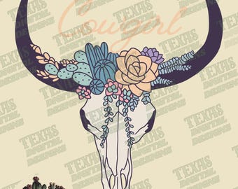 Trendy Cowgirl Skull PNG | Floral Longhorn Western Boho Sublimation Clipart | Pastel Desert Skull Digital Download for Shirts & Crafts