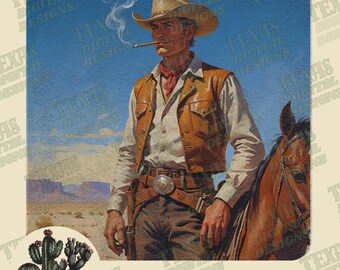 Trendy Cowboy Smoking Graphic Print, Vintage Western Digital Download, Retro Desert Cowboy Decor for Man Cave, Ranch House, Western Apparel
