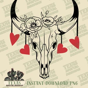 Cuori con teschio di toro floreale in formato PNG / Design a sublimazione di San Valentino in stile western / Arte digitale con teschio di mucca in stile boho