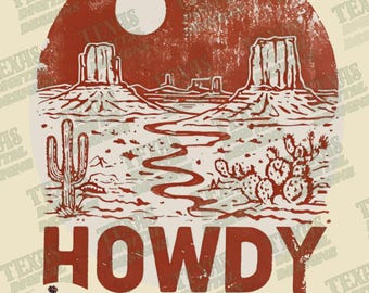 Howdy Desert Landscape PNG | Western Mesa Cactus Sublimation Design | Rustic Southwest Travel Digital Art | Trendy Digital Download