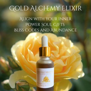 May include: A small glass bottle with a gold dropper, labeled "GOLD ALCHEMY ELIXIR," sits in front of a large yellow rose. The text "ALIGN WITH YOUR INNER POWER SOUL GIFTS BLISS CODES AND ABUNDANCE" is above the bottle. The bottom of the image reads "With handmade Yellow Rose tincture, raw honey, Colloidal gold, blessings and an attunement."