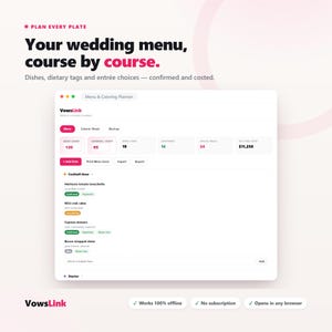 May include: A digital interface for a wedding menu and catering planner titled VowsLink. The screen displays data fields for guest count, catering costs, and menu items including heirloom tomato bruschetta and bacon-wrapped dates.