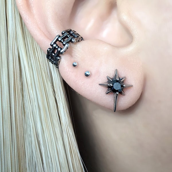 North Star earrings, Black CZ studs, gothic earrings, star earrings , mens earrings, starburst earrings, North Star