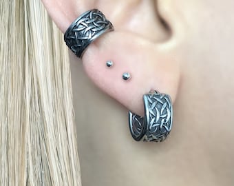 Celtic Knot Hoop Earrings, Stainless Steel Huggie Hoops