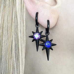 North Star Hoop earrings, Black hoops, Mens earrings, Mens hoops,  Gothic earrings,Star earrings, Star hoops, Purple stone