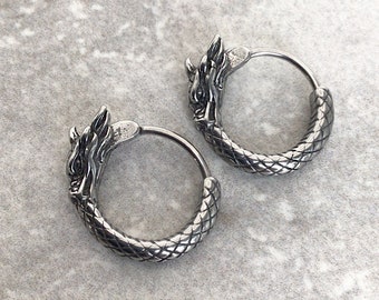 Dragon hoop earrings, Hoop earrings, Dragon hoops, Mens earrings, Mens hoops, Dragon jewelry, Gothic earrings, Gothic jewelry, Huggie hoops