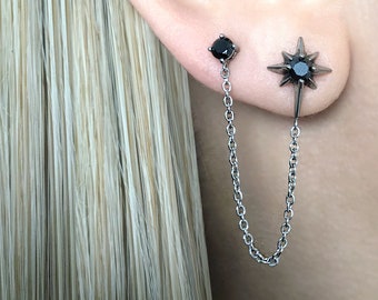 North Star double stud,Star earring, North Star earring, Black CZ studs, gothic earrings, starburst earrings, double piercing, chain earring