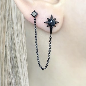 North Star double piercing earring ,Star earring, North Star earring, Black CZ studs, gothic earrings, starburst earrings, double piercing