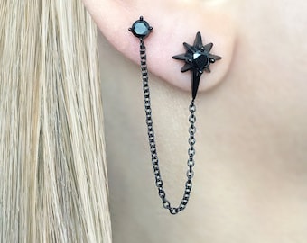 North Star double stud,Star earring, North Star earring, Black CZ studs, gothic earrings, starburst earrings, double piercing, chain earring