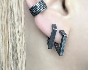 Geometric hoop earrings with texture,Hoop earrings, Mens earrings, Mens hoops, triangle hoops, triangle earrings, textured hoops