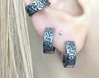 Celtic Knot Stainless Steel Hoop Earrings: Viking Huggie Hoops