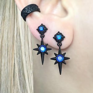 Star earrings, North Starburst earrings, gothic earrings, gothic star, starburst earring , mens earring, sapphire earrings, black earring