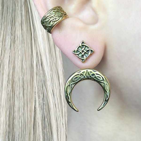 Boucles d'oreilles celtiques lune, boucles d'oreilles celtiques, veste d'oreille, boucles d'oreilles lune, bijoux celtiques, boucles d'oreilles gothiques, boucles d'oreilles viking, boucles d'oreilles avant arrière. lune