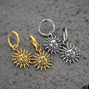 Sun hoops, Sun earrings, Sun with face earrings, Gold hoops, Mens hoops, hoops, matching jewelry