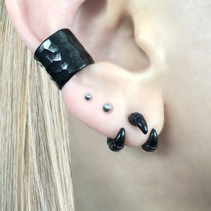 May include: Black ear cuff with a hammered texture, two small silver stud earrings, and a pair of black claw earrings.