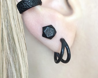 Double Line Stainless Steel Hoop Earrings, Minimalistic Jewelry, Simple  Black hoops