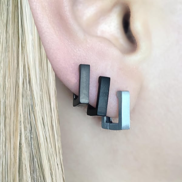 Square Huggie Hoops, Matte Finish, Stainless Steel geometric earrings