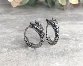 Dragon Hoop Earrings, Gothic Jewelry,Oxidized Stainless Steel