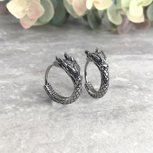 Dragon hoop earrings, Hoop earrings, Dragon hoops, Mens earrings, Mens hoops, Dragon jewelry, Gothic earrings, Gothic jewelry, Huggie hoops