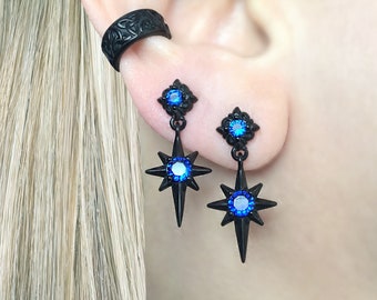 North Star earrings, Starburst earrings, Star earring, gothic star, gothic earrings , mens earring, sapphire earrings, black earring