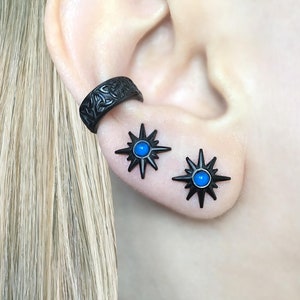 Starburst with Blue stone  earrings,Star studs, gothic earrings, star earring ,unisex earrings, starburst earrings, black studs