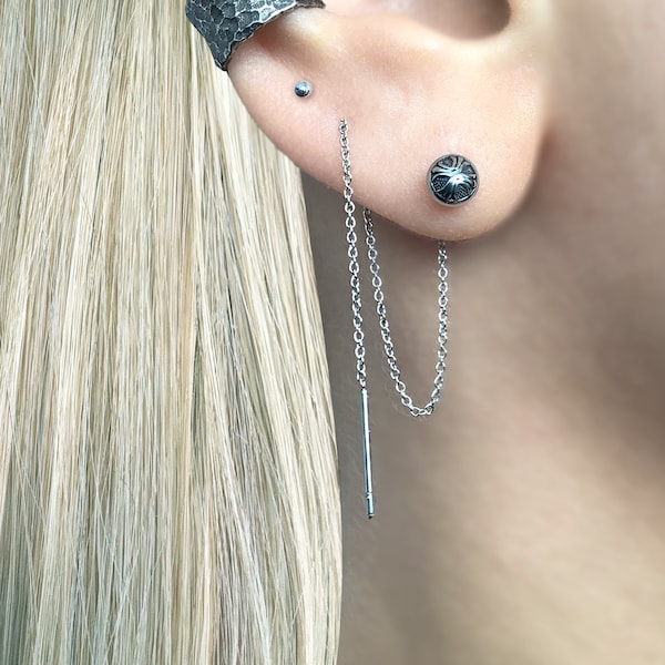 Threader earrings, ear threader, cross de lis earrings, ball earrings, gothic earrings, chain earring, threader ,long dangling earrings