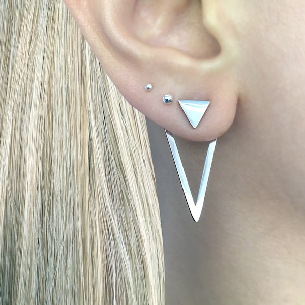 Front and back triangle earrings, triangle  earrings, Ear jacket earrings, Gothic earrings, Black earring unisex earrings, geometric earring