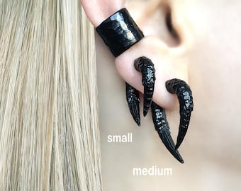Boucles d'oreilles griffes de dragon noires : cache-oreilles gothiques en acier inoxydable