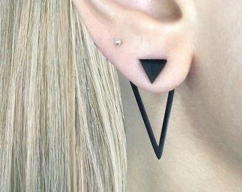 Front and back triangle earrings, triangle  earrings, Ear jacket earrings, Gothic earrings, Black earring unisex earrings, geometric earring