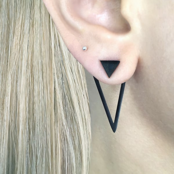 Front and back triangle earrings, triangle  earrings, Ear jacket earrings, Gothic earrings, Black earring unisex earrings, geometric earring