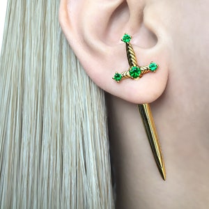 Emerald Sword earrings, Sword earrings, Ear jacket earrings,  Gothic earrings, edgy earring, dagger earrings, sword studs,Emerald sword