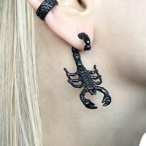 May include: Black scorpion shaped earrings with a black ring earring in the other ear.