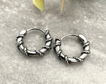 Textured Stainless Steel Hoop Earrings, Gothic Mens Jewelry