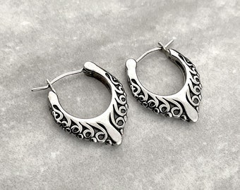 Pointy Stainless Steel Hoop Earrings with Octopus tentacle details, Gothic Jewelry