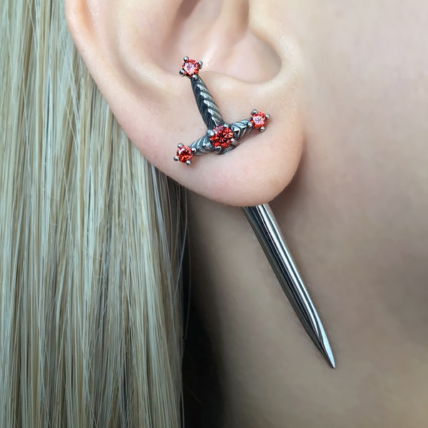 Ruby Sword earrings, Sword earrings, Ear jacket earrings,  Gothic earrings, edgy earring, dagger earrings, sword studs,Ruby sword